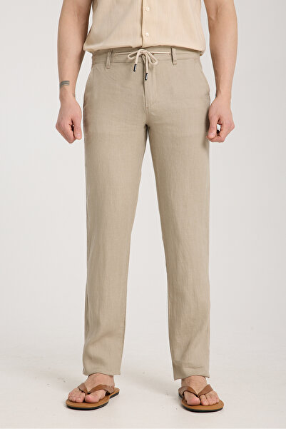 muzzo jeans Beige 100% Linen Trousers with Elastic Waist