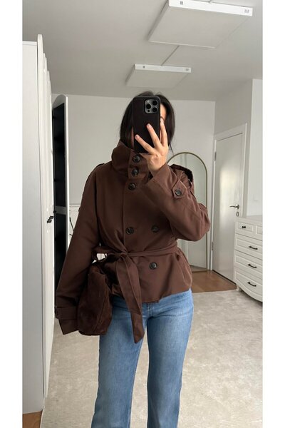 TB Butik Stand Collar and Jacket Collar Brown Premium Trench Coat Jacket