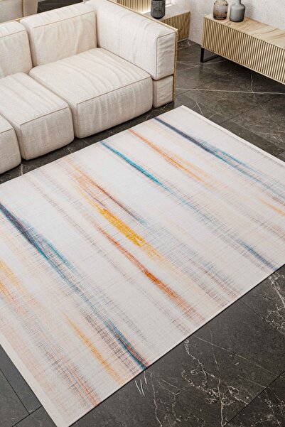 Oriente Home Soyut Çizgi Desenli Yıkanabilir Kaymaz Taban Bej Turuncu Mavi Şö...