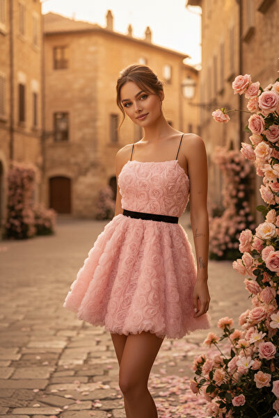 FASHION COCKTAIL Kumaş Gül Çiçek Kabartmalı İnce Askılı Fermuarlı Tütü Prenses Party Kokteyl Elbisesi