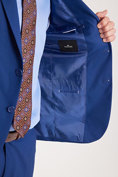 Tudors Erkek Slim Fit Mono Yaka Likralı Esnek Kumaş İndigo Takım Elbise