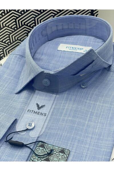 Fitmens Classic Long Sleeve Linen Collar Buttoned at the Bottom Men's Shirt with Gift Box Fs-003686 - Blue