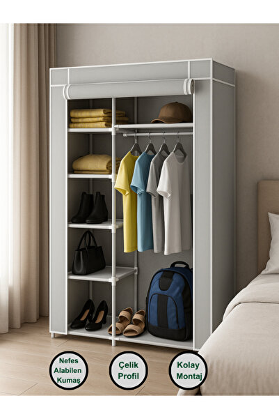 PorBig Tek Yandan Raflı Bez Dolap Gri | 7 Raflı, Çelik İskeletli