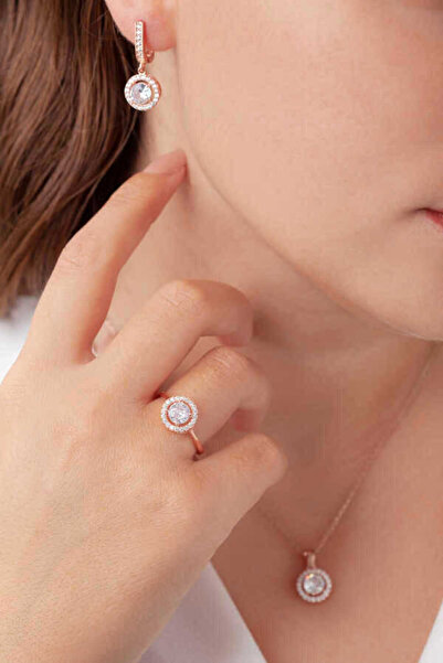 aga kulche Tek Taş Gümüş Takı Seti Rose S66RB 925