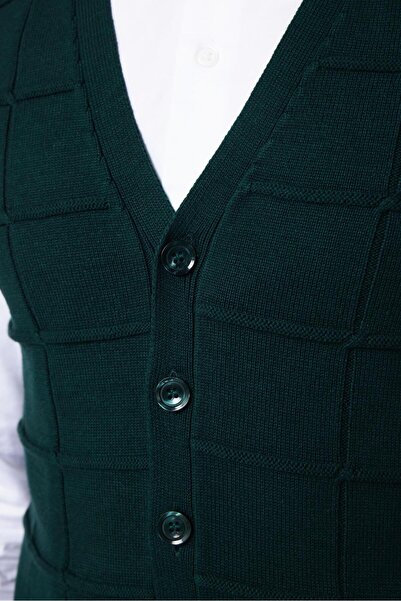 Tudors Slim Fit Kare Desenli Yeşil Erkek Yelek