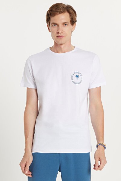 Tudors Ανδρικό T-shirt Slim Fit Slim Fit 100% βαμβακερό τυπωμένο λευκό μπλουζάκι με λαιμόκοψη