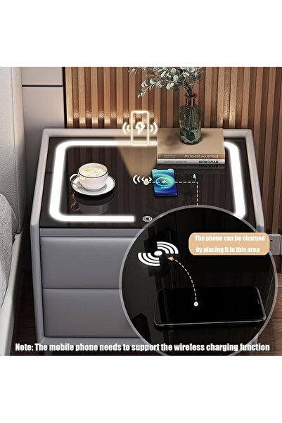 Domuik Bedside Table with 2 Drawers, Wireless Charging Nightstand, Modern Smart Table, End Table wi