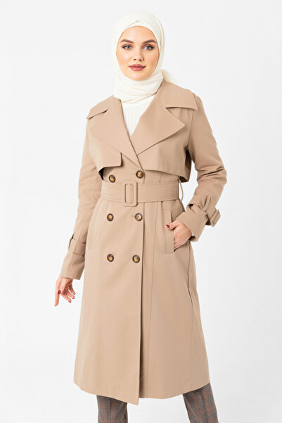 Zeneva Collection Yeni Bej - %100 Pamuk Uzun (110CM) Astarlı Kadın Tesettür Trençkot 1111-TES