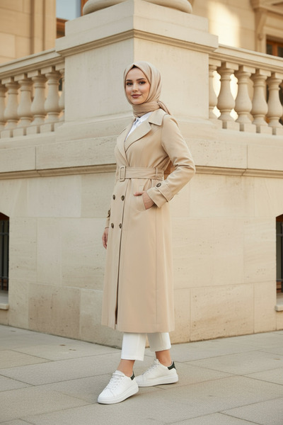Zeneva Collection Açık Bej - %100 Pamuk Ekstra Uzun (120cm) Tam Kalıp Kadın Tesettür Trençkot