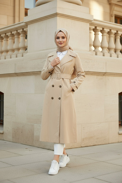 Zeneva Collection Açık Bej - %100 Pamuk Ekstra Uzun (120cm) Tam Kalıp Kadın Tesettür Trençkot