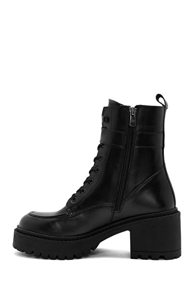 Derimod Black Leather Women's Boots - Lace-Up and Zipper Detail, Thick Heel 24Wfd 512618