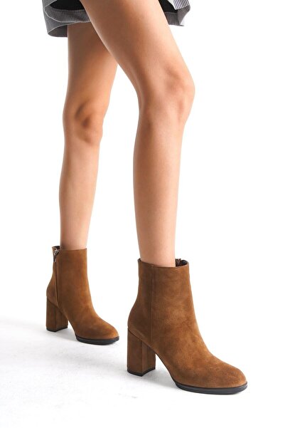 Mubiano Collection Mubiano Hakiki Deri Collection Kadın Fermuarlı Yuvarlak Burun Kalın Topuklu Kısa Süet Bot Taba - MCA