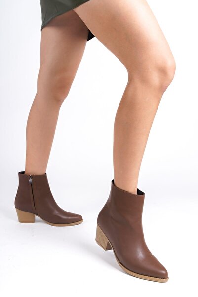 Mubiano MBVCT5005-TB Kadın Taba Sivri Burun Kısa Kalın Topuklu Fermuarlı Bot ...