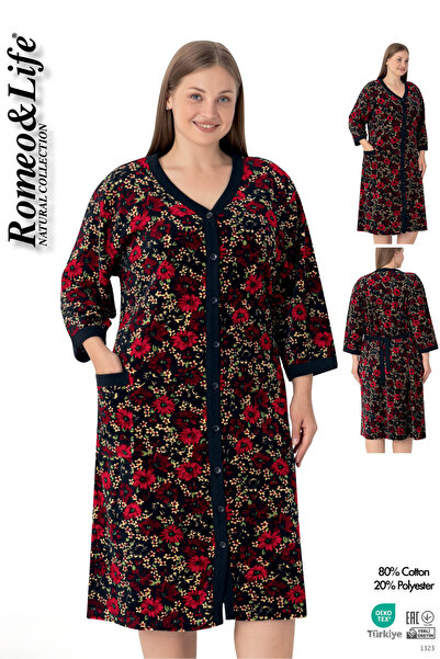 ROMEO LİFE Women's Plus Size Cotton Blend Velvet Button Dress 1015