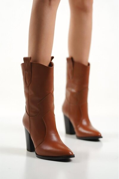 Mubiano Collection Mubiano Hakiki Deri Collection Kadın Topuklu Kovboy Bot Taba - Mcalm4262 - Tb