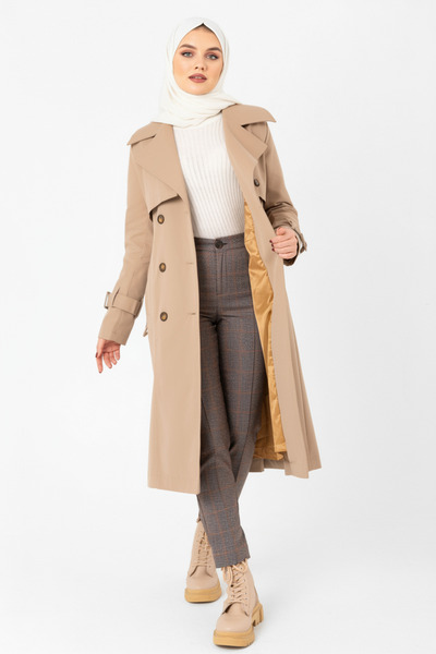 Zeneva Collection Yeni Bej - %100 Pamuk Uzun (110CM) Astarlı Kadın Tesettür Trençkot 1111-TES