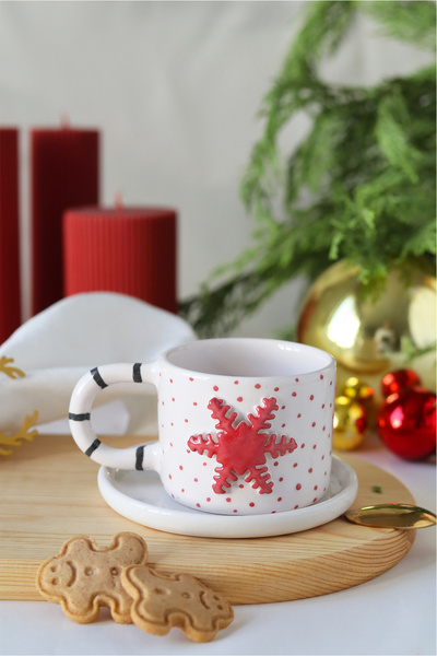 ada mia seramik Handmade Ceramic Mug with New Year's Snowflake Figure 170ml