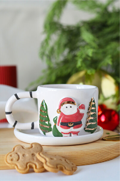 ada mia seramik Handmade Ceramic Double Cup with 24K Gold Decoration Featuring Santa Claus Figure for New Year, 170ml