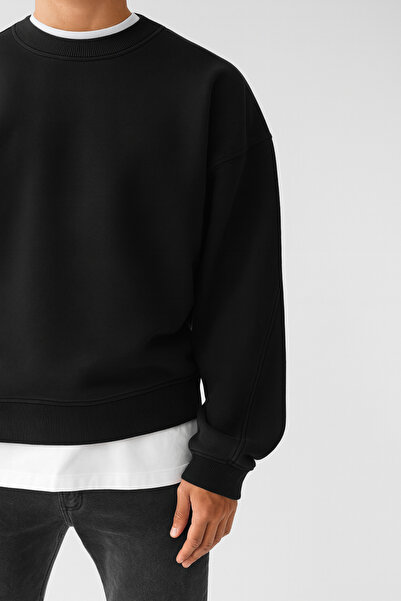 GUARAZ Μαύρο ανδρικό φούτερ με λαιμόκοψη Oversize με φλις εσωτερικά, χοντρή και μαλακή υφή Basic