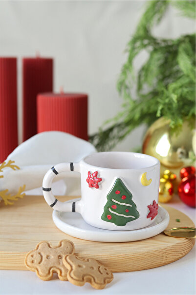 ada mia seramik Handmade Ceramic Mug with Christmas Pine Tree Figure 170ml