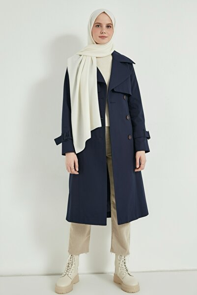 Zeneva Collection Lacivert - %100 Pamuk Uzun (110CM) Astarlı Kadın Tesettür Trençkot 1111-TES