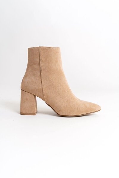 Mubiano MBZFR5006S-VZ Kadın Vizon Süet Kalın Topuklu Sivri Burun Fermuarlı Kısa Bot &Bootie