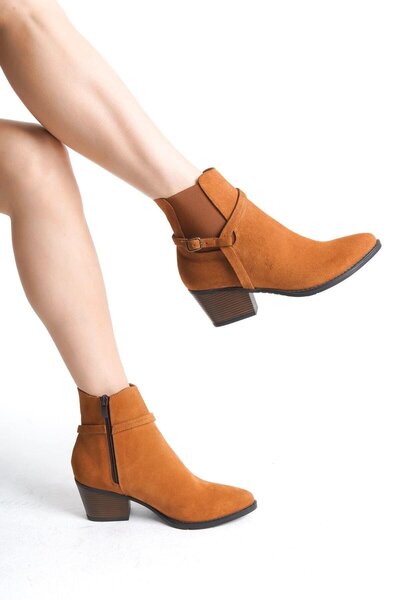 Mubiano Collection Mubiano Hakiki Deri Collection Kadın Fermuarlı Kısa Kalın Topuk Süet Bot&Bootie Taba - MCZFR228 - TB