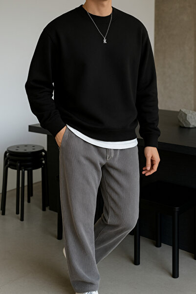 GUARAZ Μαύρο ανδρικό φούτερ με λαιμόκοψη Oversize με φλις εσωτερικά, χοντρή και μαλακή υφή Basic