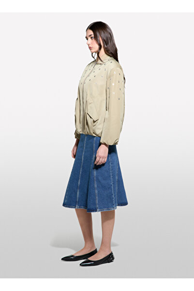 Sisley Women's Sand Color Stone Detailed Lightly Padded Bomber Jacket