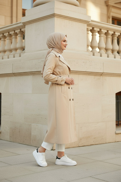 Zeneva Collection Açık Bej - %100 Pamuk Ekstra Uzun (120cm) Tam Kalıp Kadın Tesettür Trençkot
