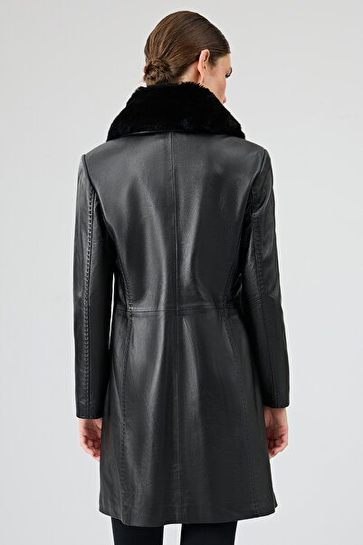 Derimod Christina Kadın Siyah Kürklü Uzun Deri Kaban 22WGE59951M