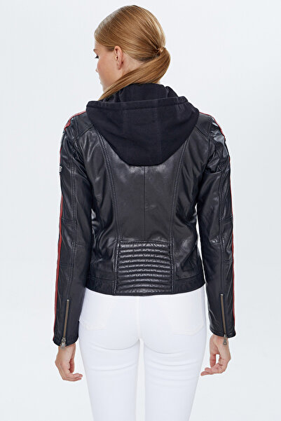 Derimod Ladyracer Kadın Siyah Armalı Kapüşonlu Spor Deri Mont 22WGM500151