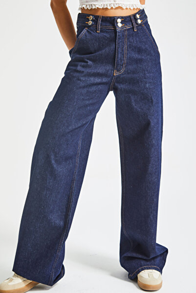 its basic Women's Indigo Color 7W5-50 Belt Detailed Wide Leg Fit 100% Cotton Denim Jean