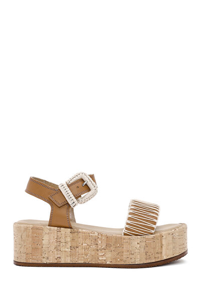 Derimod Women's Tan Thick Soled Ankle Strap Genuine Leather Sandals 24Sfd131614