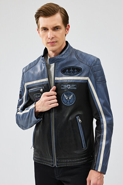Derimod Takeoff Erkek Mavi Slim-Fit Deri Ceket 23WGM6511WF