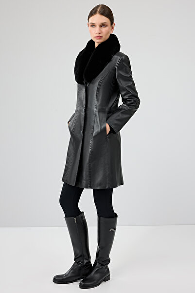 Derimod Christina Kadın Siyah Kürklü Uzun Deri Kaban 22WGE59951M