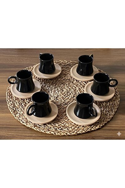 CeM Porselen Zeyn Series Black Color Coffee Cup Set for 6 People with Bamboo ...
