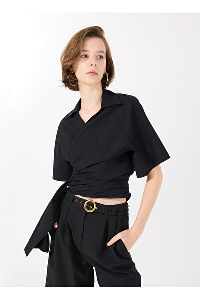 Sisley قميص نسائي أسود بياقة كلاسيكية ضيقة 52EHLQ091