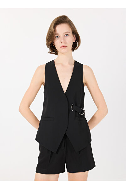 Sisley Women's Black Belt Detailed Buttoned Pocket V-Neck Vest