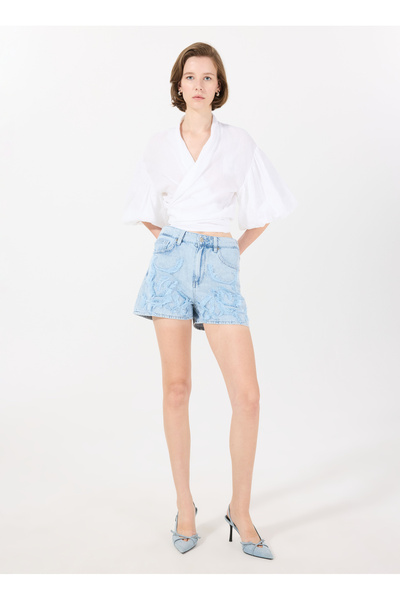 Sisley Women's Light Denim 100% Cotton Embroidered 5 Pockets Stone Wash Denim Shorts