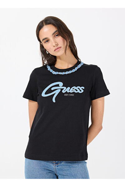 Guess Yuvarlak Yaka Baskılı Siyah Kadın T-Shirt CN SS JEANS CHAIN TE - MID OR...