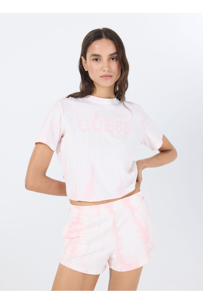 Guess V5GI19I3Z14F6EX GENZIANA CROP TEE Ροζ Γυναικείο μπλουζάκι με στρογγυλή λαιμόκοψη και σχέδιο