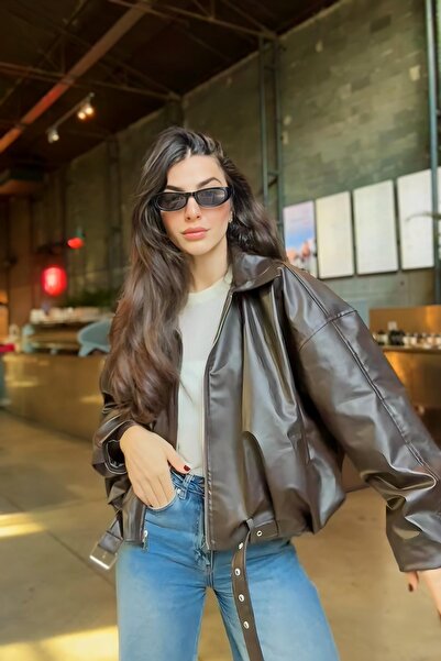 Jaglion Δερμάτινο μπουφάν Luvren Bitter Brown Trend oversized Bomber με ζώνη