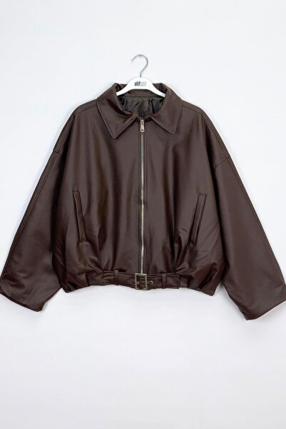 Jaglion Δερμάτινο μπουφάν Luvren Bitter Brown Trend oversized Bomber με ζώνη