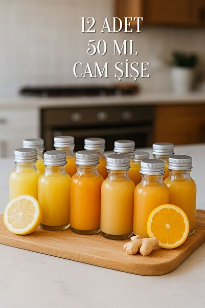 Rotanev 12 Adet Şeffaf Cam Shot Şişesi Sızdırmaz Gümüş Metal Kapaklı Hediyeli...