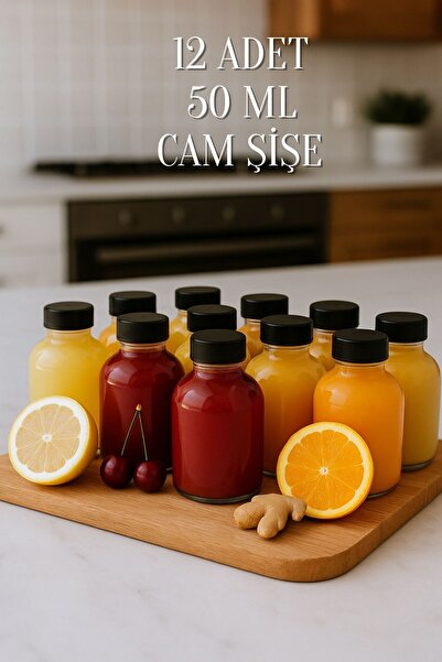 Rotanev 12 Adet Siyah Plastik Sızdırmaz Kapaklı Cam 50 ml Mini Shot Ginger De...