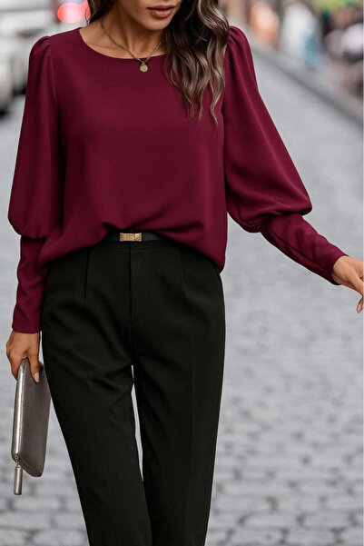 ARONA Women's Long Sleeve Round Neck Buttoned Imported Crepe Blouse