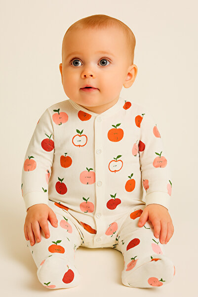 Nayinom Baby Girl Baby Boy Newborn Cotton 0-6 Months Apple Patterned Baby Romper with Booties