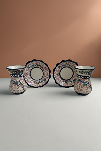 Home El Yapımı Seramik Kabartma Desenli 2'li Çay Bardağı Seti - Hediyelik - Karma Lale