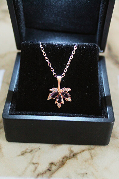 carrot silver 925 Ayar Gümüş Çınar Yaprağı Mor Taşlı Kolye-Rose Renk-Hediye P...
